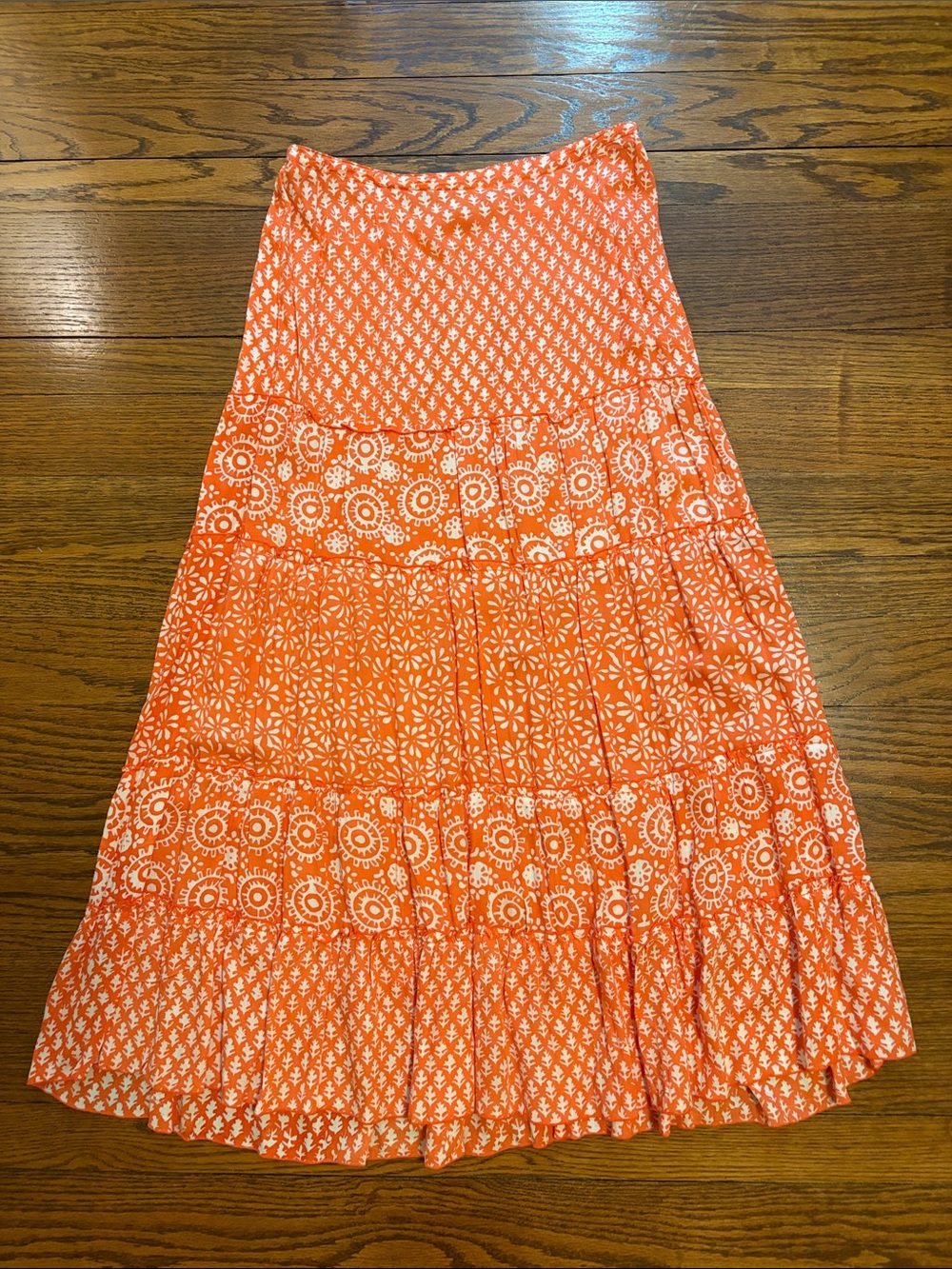 Beautiful BOHO Coral Printed Tiered Maxi Skirt size M